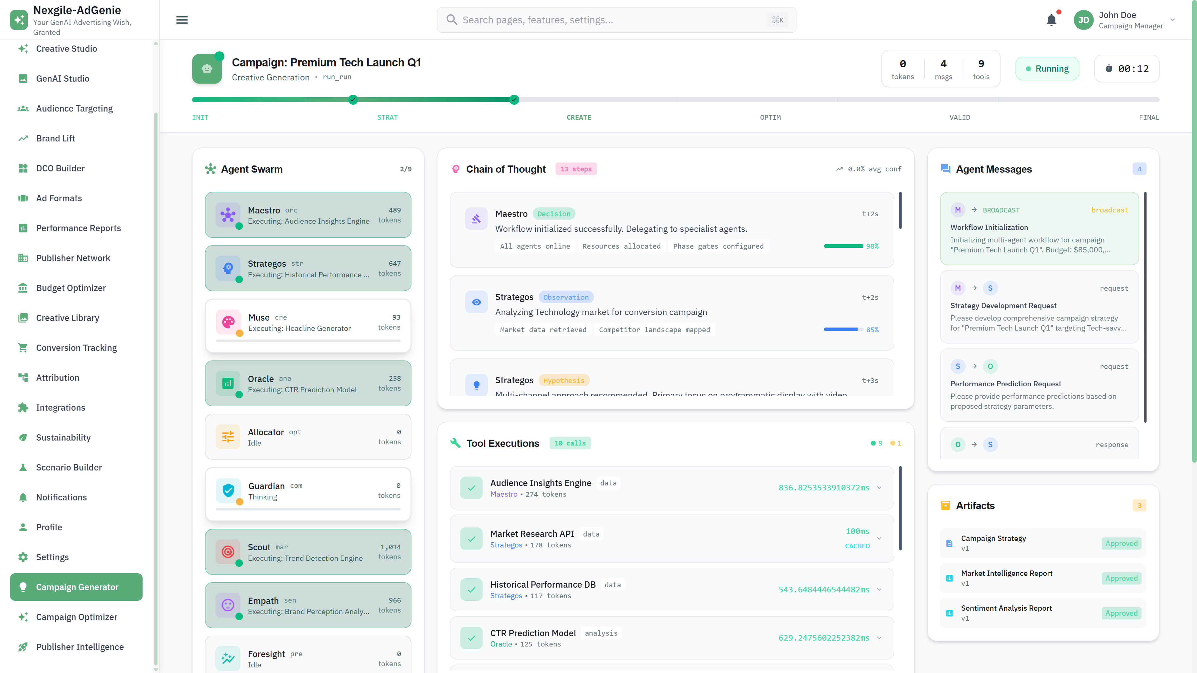 Illustrative preview (sample data, not verified outcomes): Multi-Agent Workflow - 9 specialized agents collaborating with chain-of-thought reasoning