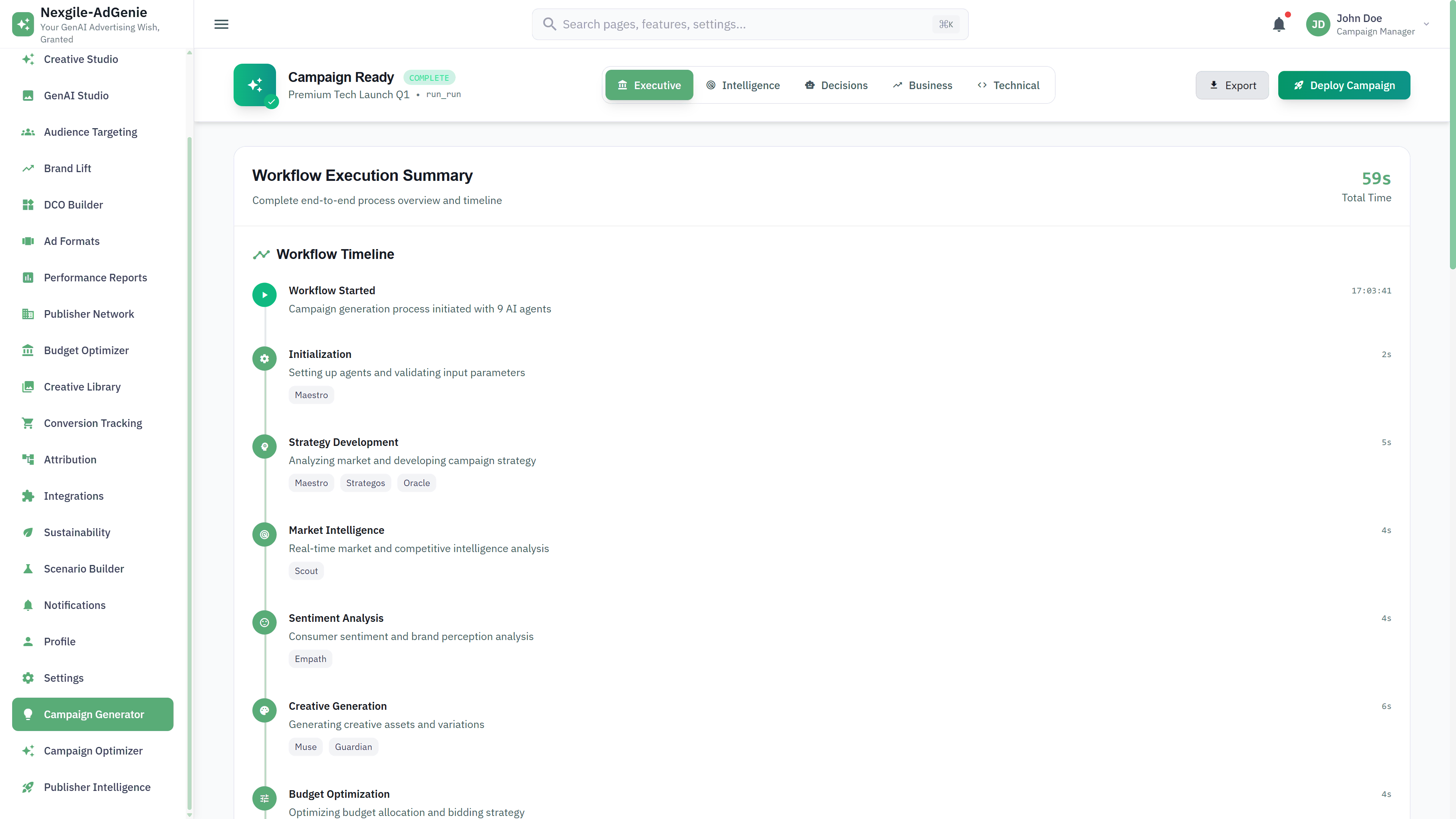 Illustrative preview (sample data, not verified outcomes): Workflow Timeline - Complete campaign generation process execution summary