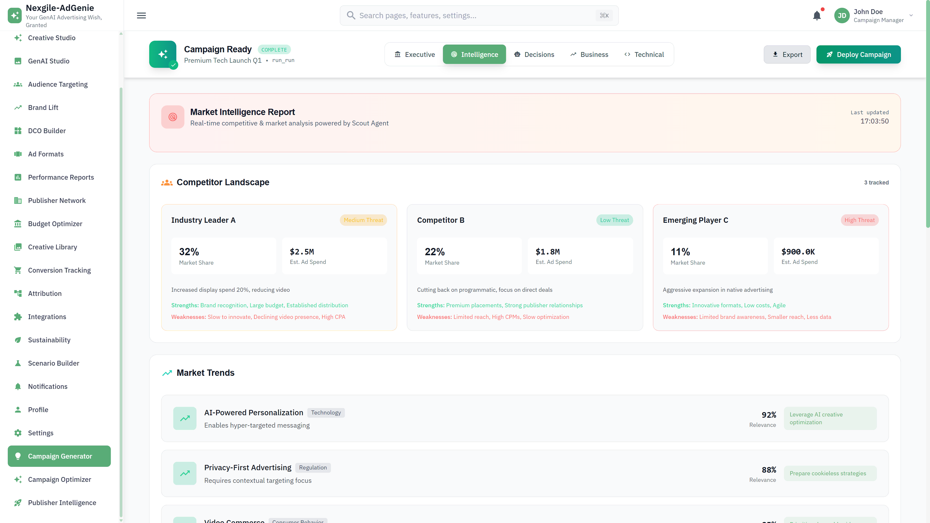 Illustrative preview (sample data, not verified outcomes): Market Intelligence Report - Competitive landscape and emerging market trends analysis