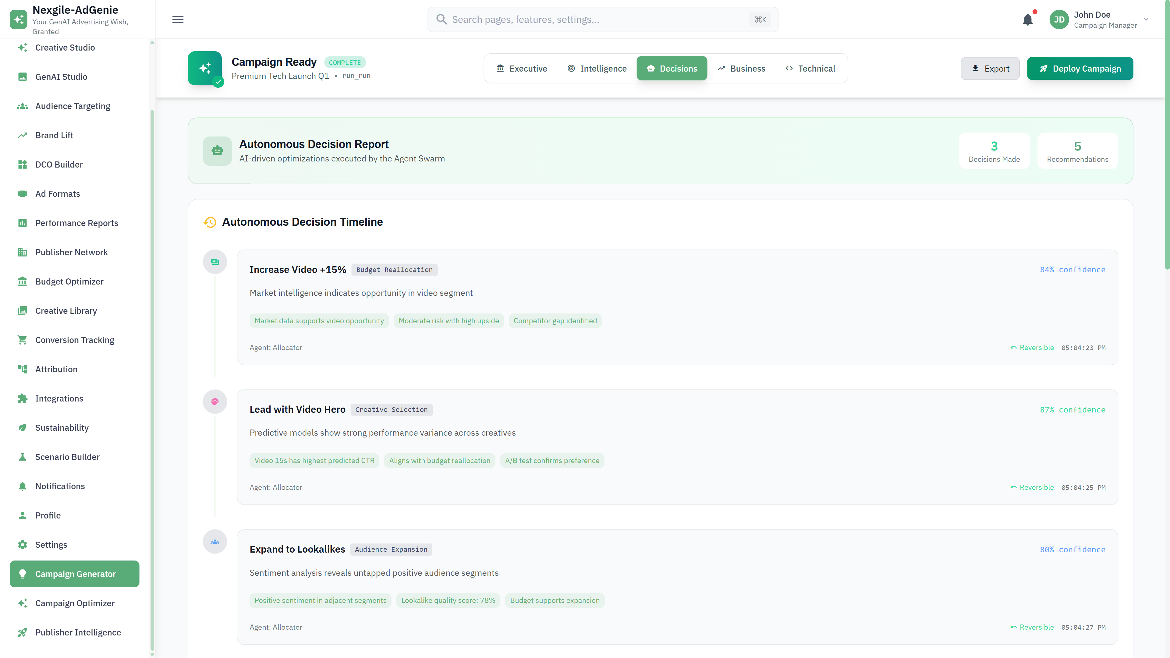 Illustrative preview (sample data, not verified outcomes): Autonomous Decisions - AI-driven campaign optimizations and recommendations