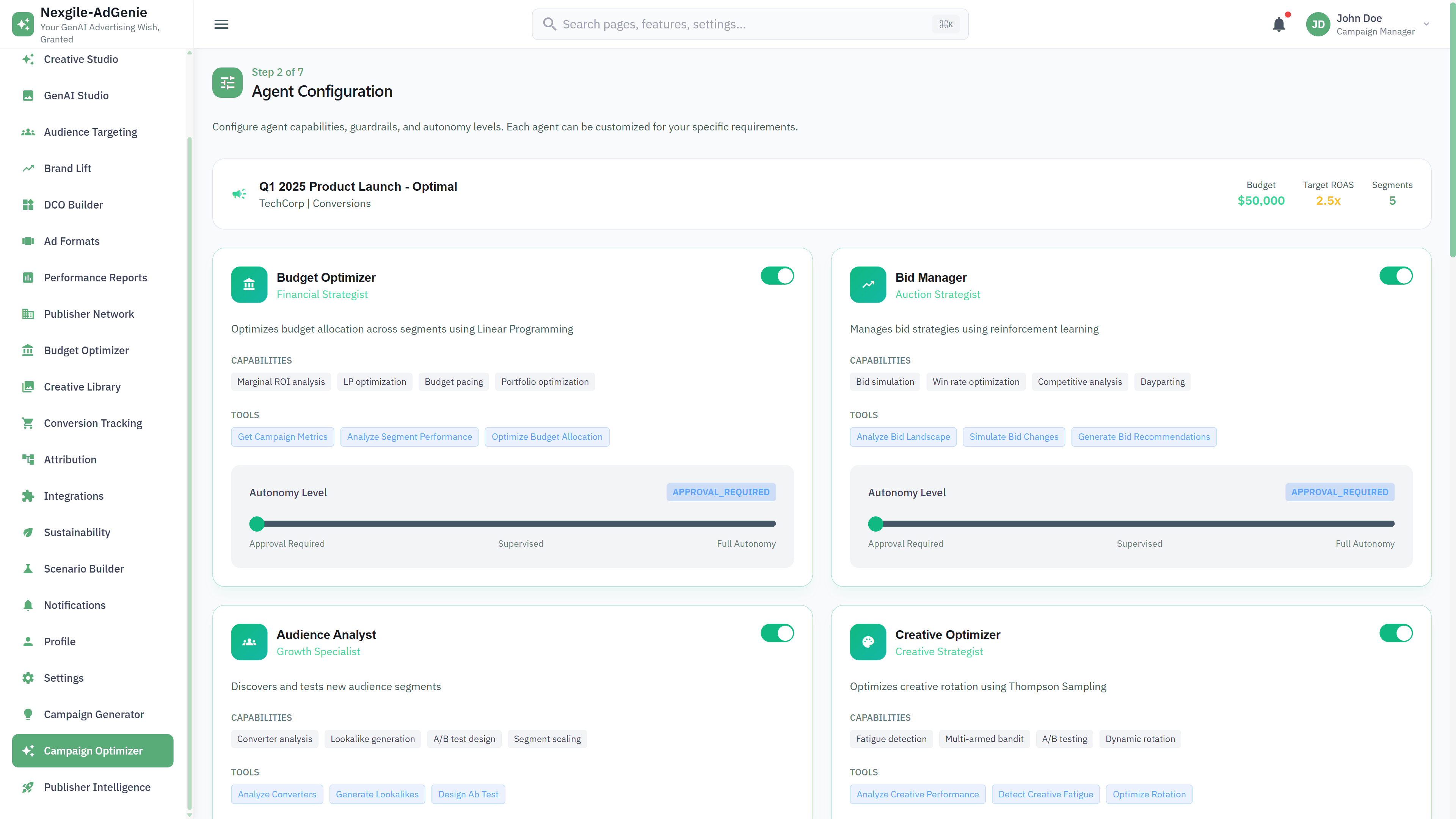 Illustrative preview (sample data, not verified outcomes): Agent Configuration - Setup for Budget Optimizer, Bid Manager, Audience Analyst, and Creative Optimizer