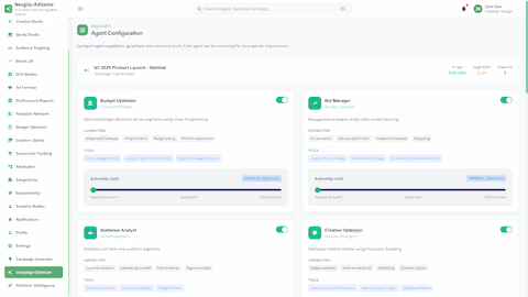 Illustrative preview (sample data, not verified outcomes): Agent Configuration - Setup for Budget Optimizer, Bid Manager, Audience Analyst, and Creative Optimizer