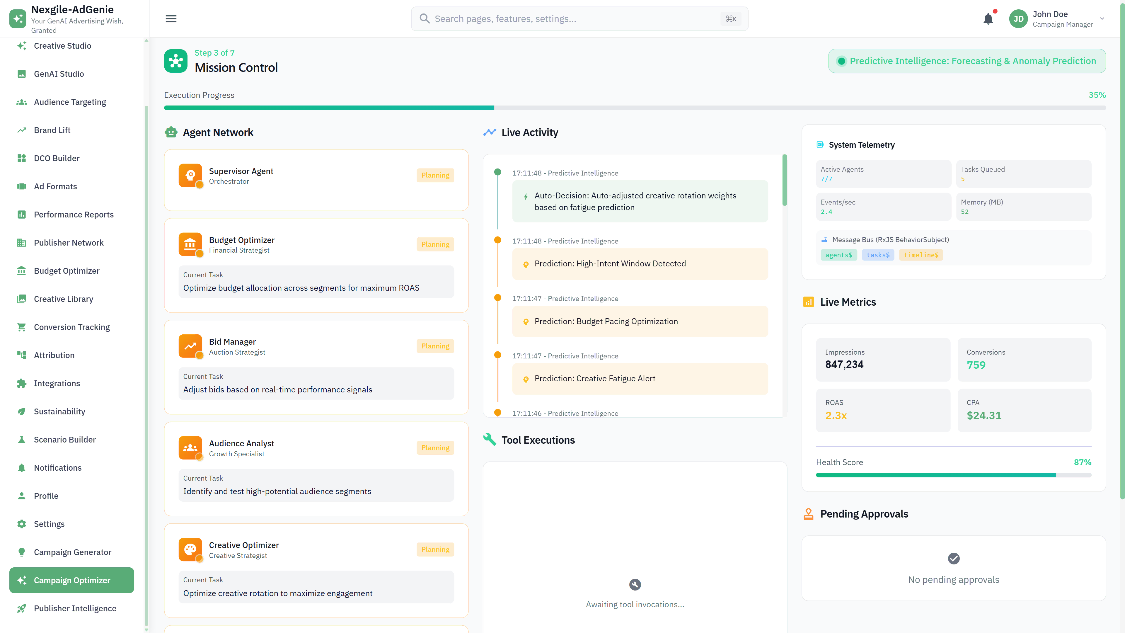 Illustrative preview (sample data, not verified outcomes): Mission Control Dashboard - Real-time agent orchestration and campaign performance monitoring