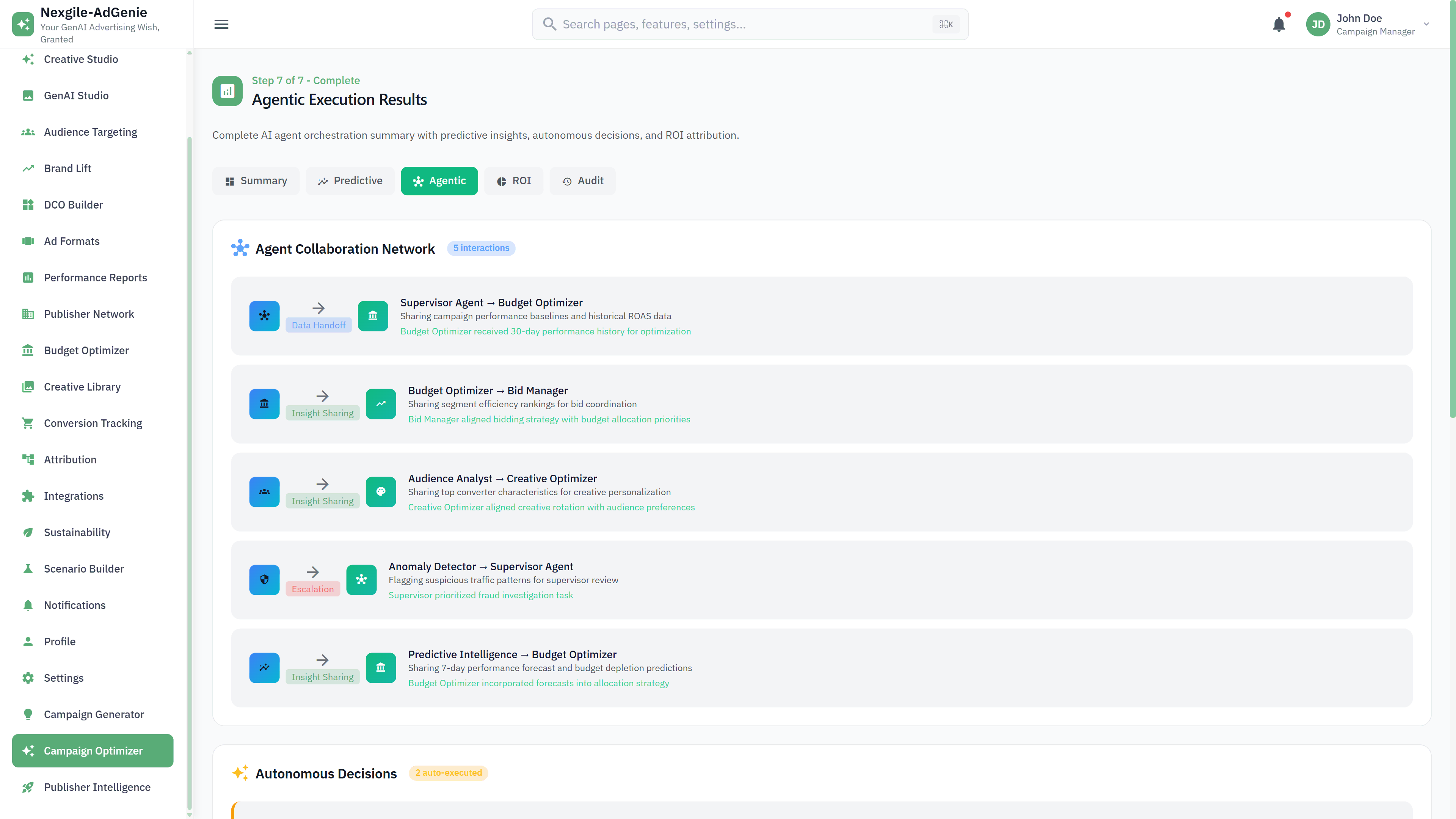 Illustrative preview (sample data, not verified outcomes): Agent Collaboration Network - Inter-agent communication and decision workflow visualization