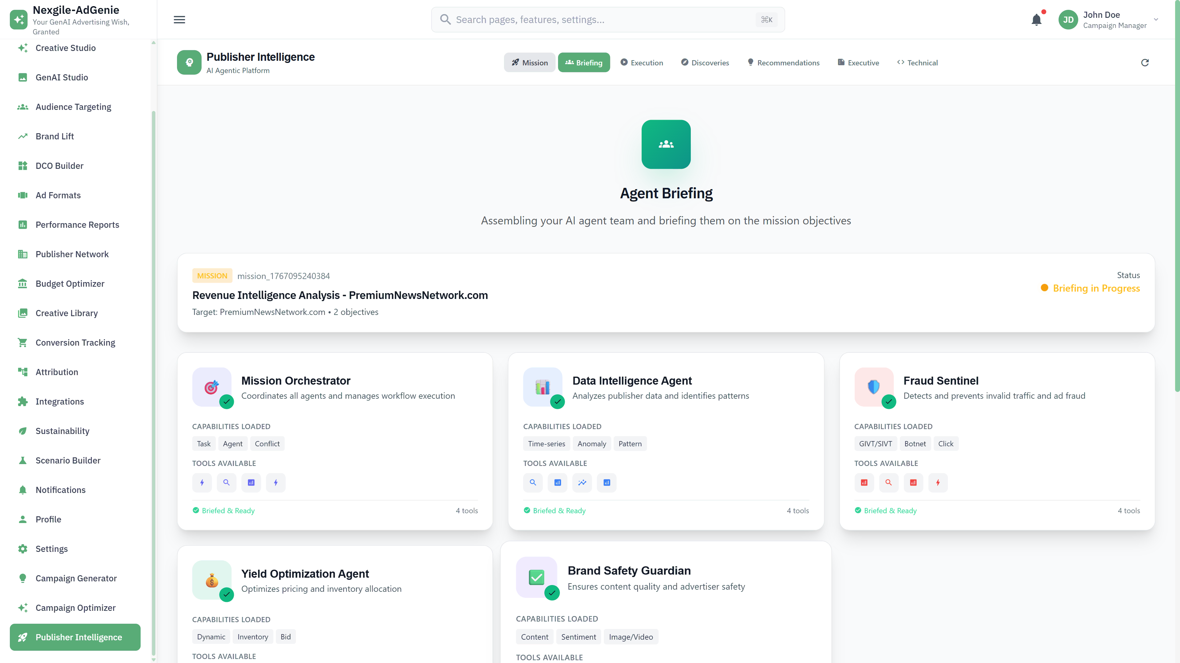 Illustrative preview (sample data, not verified outcomes): Agent Briefing - AI agent team assembly for publisher revenue analysis mission