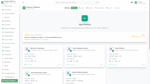 Illustrative preview (sample data, not verified outcomes): Agent Briefing - AI agent team assembly for publisher revenue analysis mission