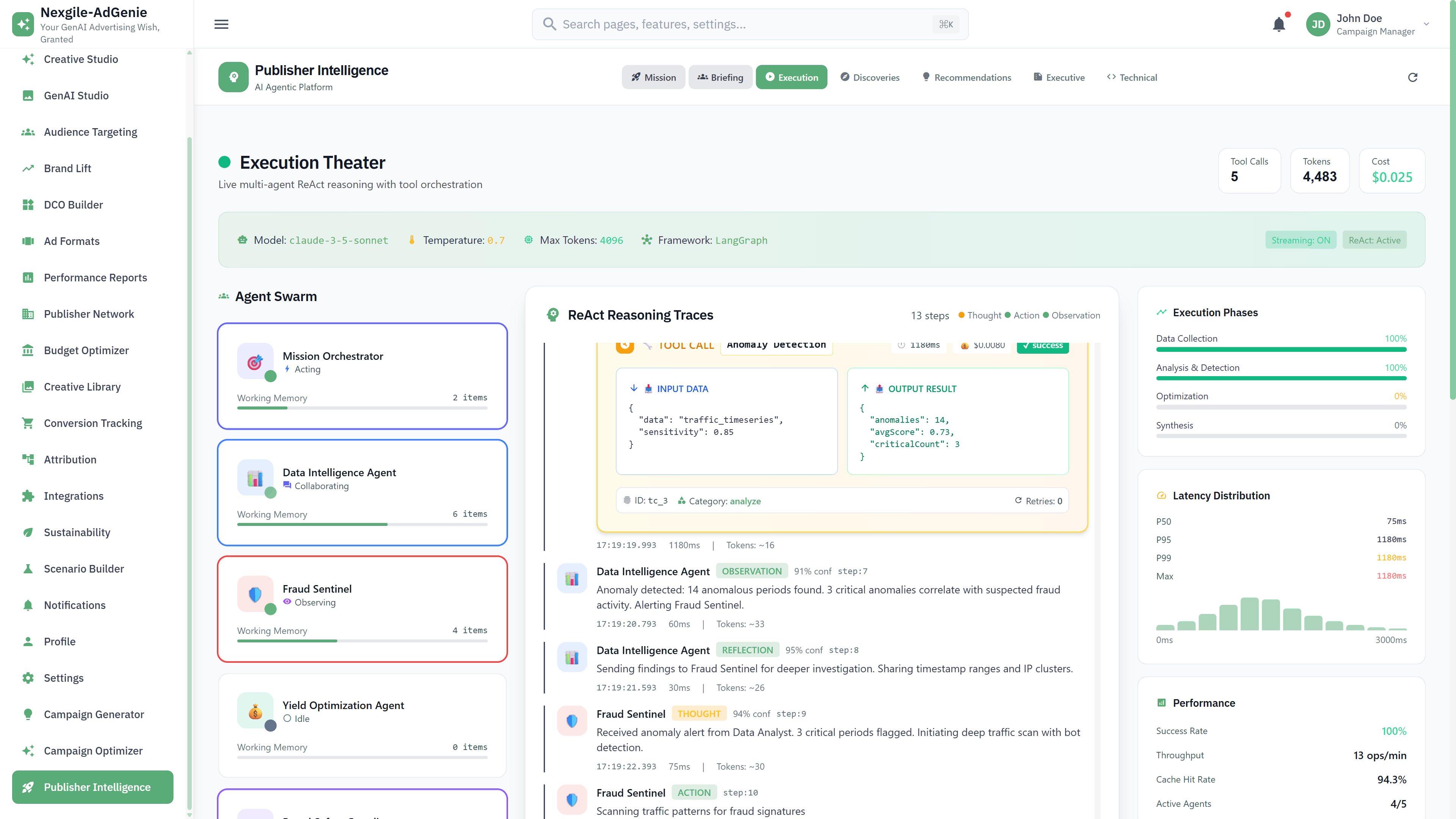 Illustrative preview (sample data, not verified outcomes): Execution Theater - Live ReAct pattern visualization with tool orchestration