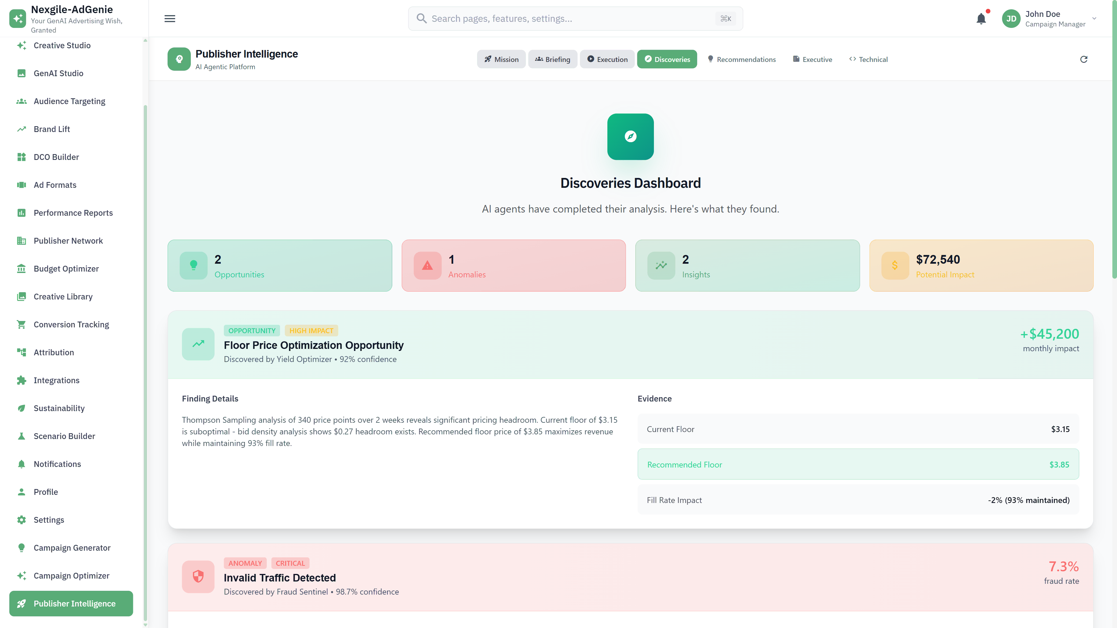Illustrative preview (sample data, not verified outcomes): Discoveries Dashboard - AI-identified revenue opportunities and fraud detection findings