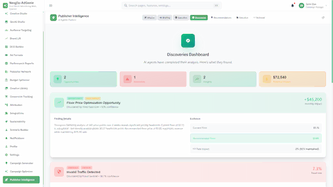 Illustrative preview (sample data, not verified outcomes): Discoveries Dashboard - AI-identified revenue opportunities and fraud detection findings