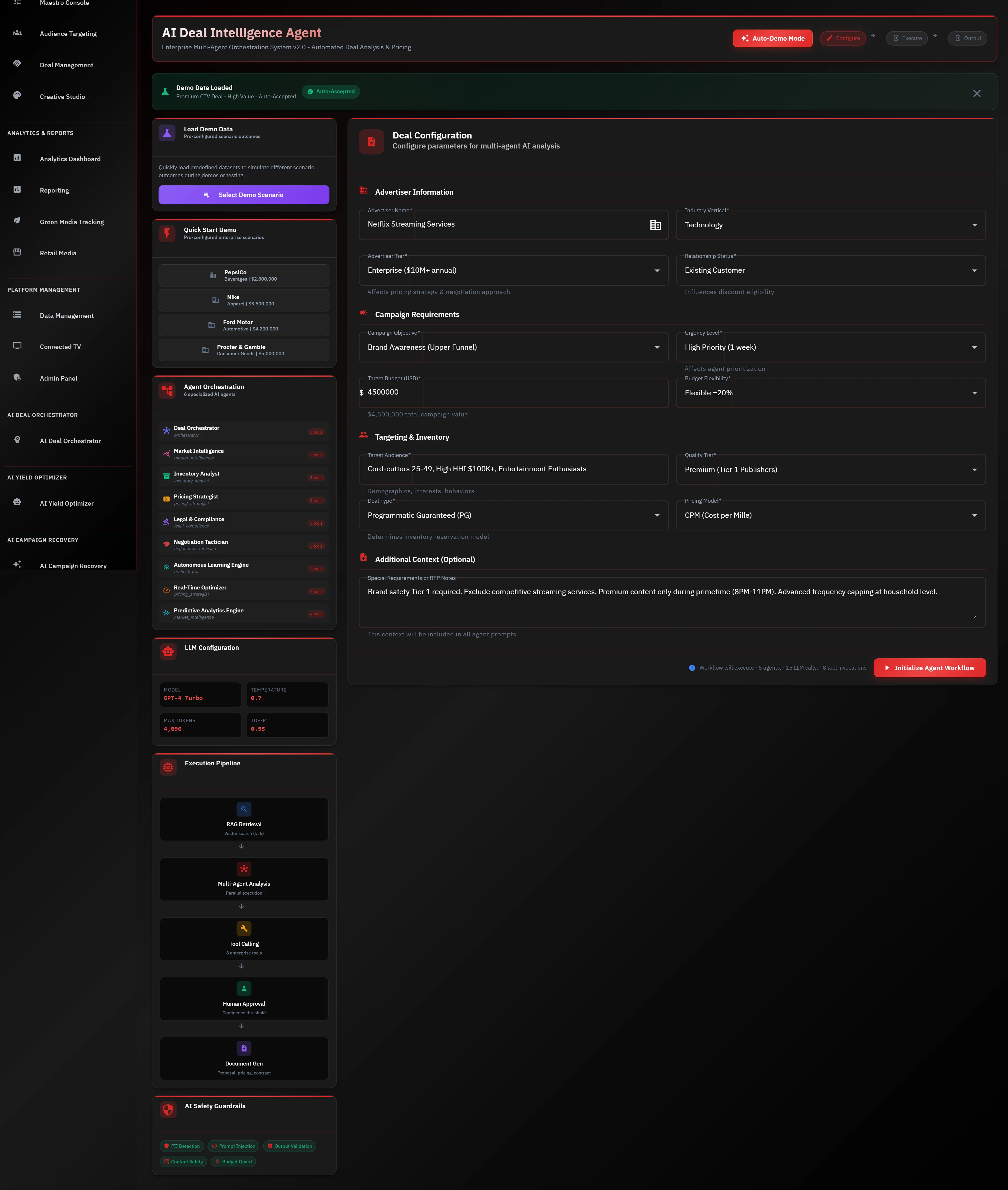 Illustrative preview (sample data, not verified outcomes): Deal Configuration screen with advertiser input, campaign requirements, agent orchestration, and AI safety guardrails.