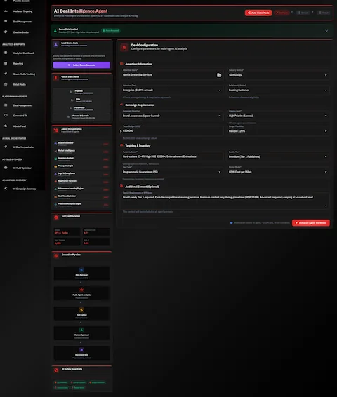 Illustrative preview (sample data, not verified outcomes): Deal Configuration screen with advertiser input, campaign requirements, agent orchestration, and AI safety guardrails.