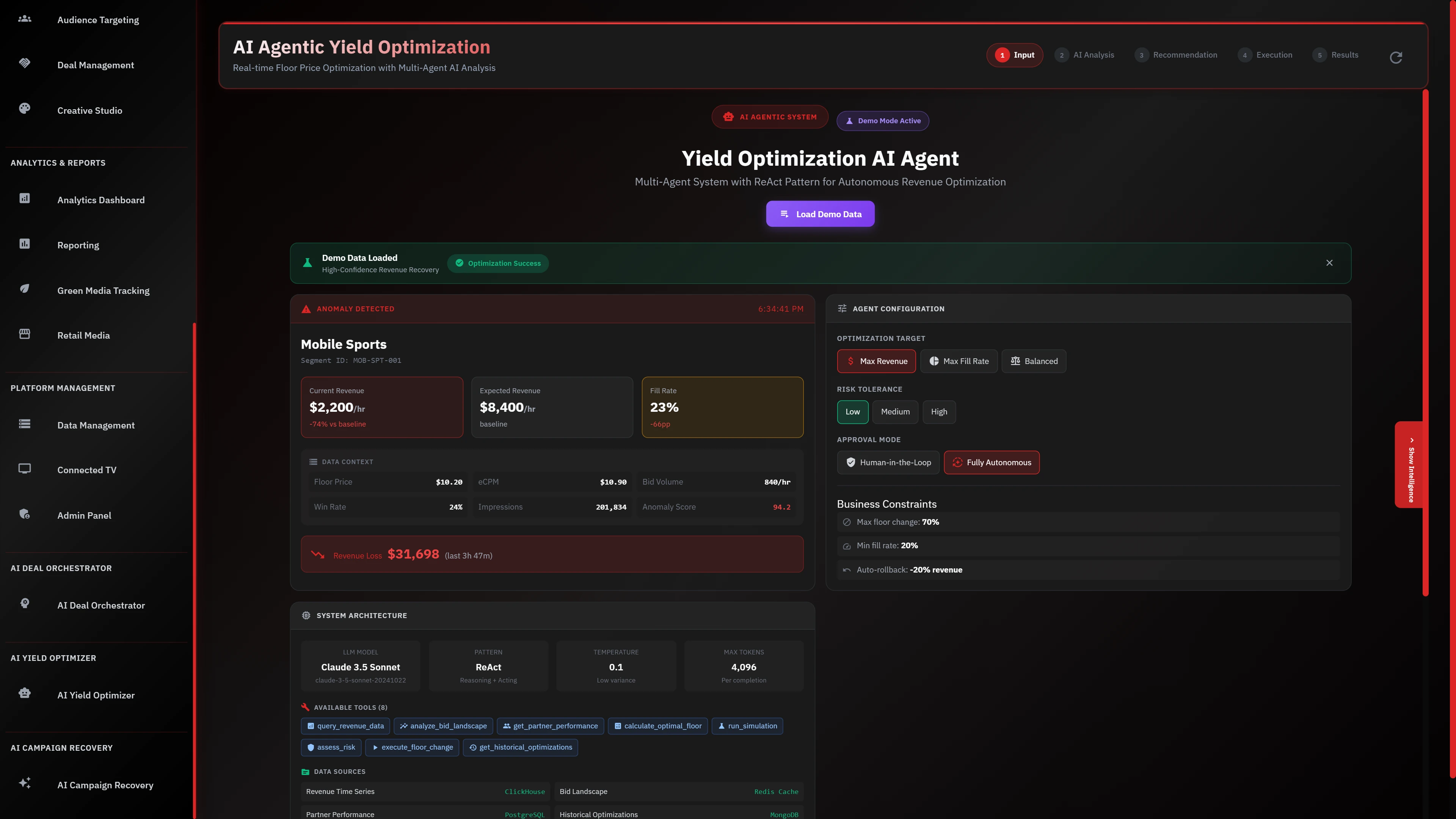 Illustrative preview (sample data, not verified outcomes): Input Configuration screen with anomaly detection for Mobile Sports segment and agent configuration options.