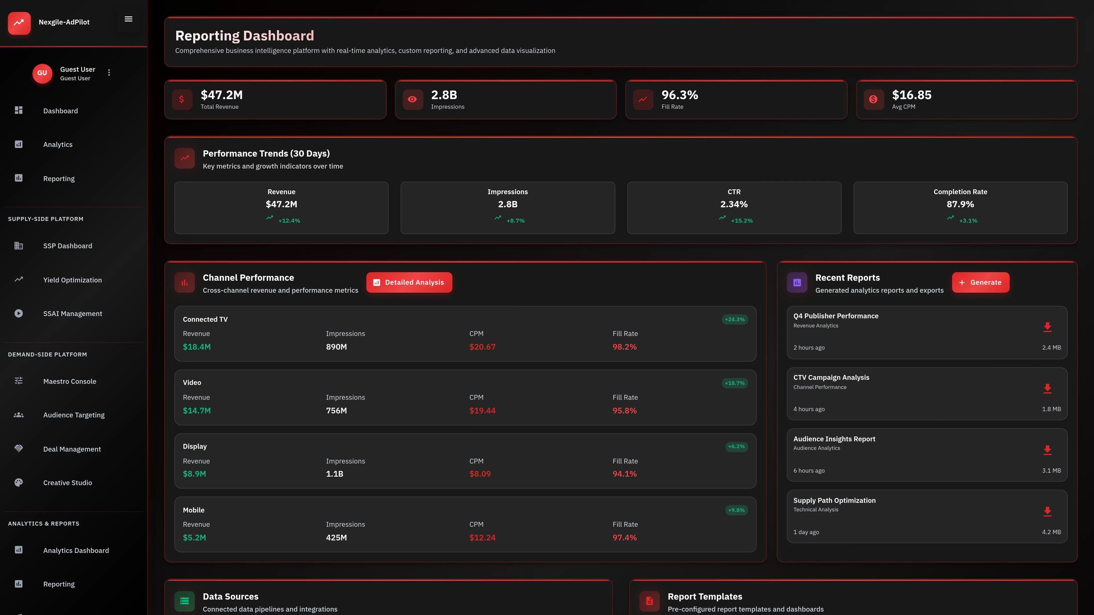 Illustrative preview (sample data, not verified outcomes): Nexgile-AdPilot Command Reporting Dashboard