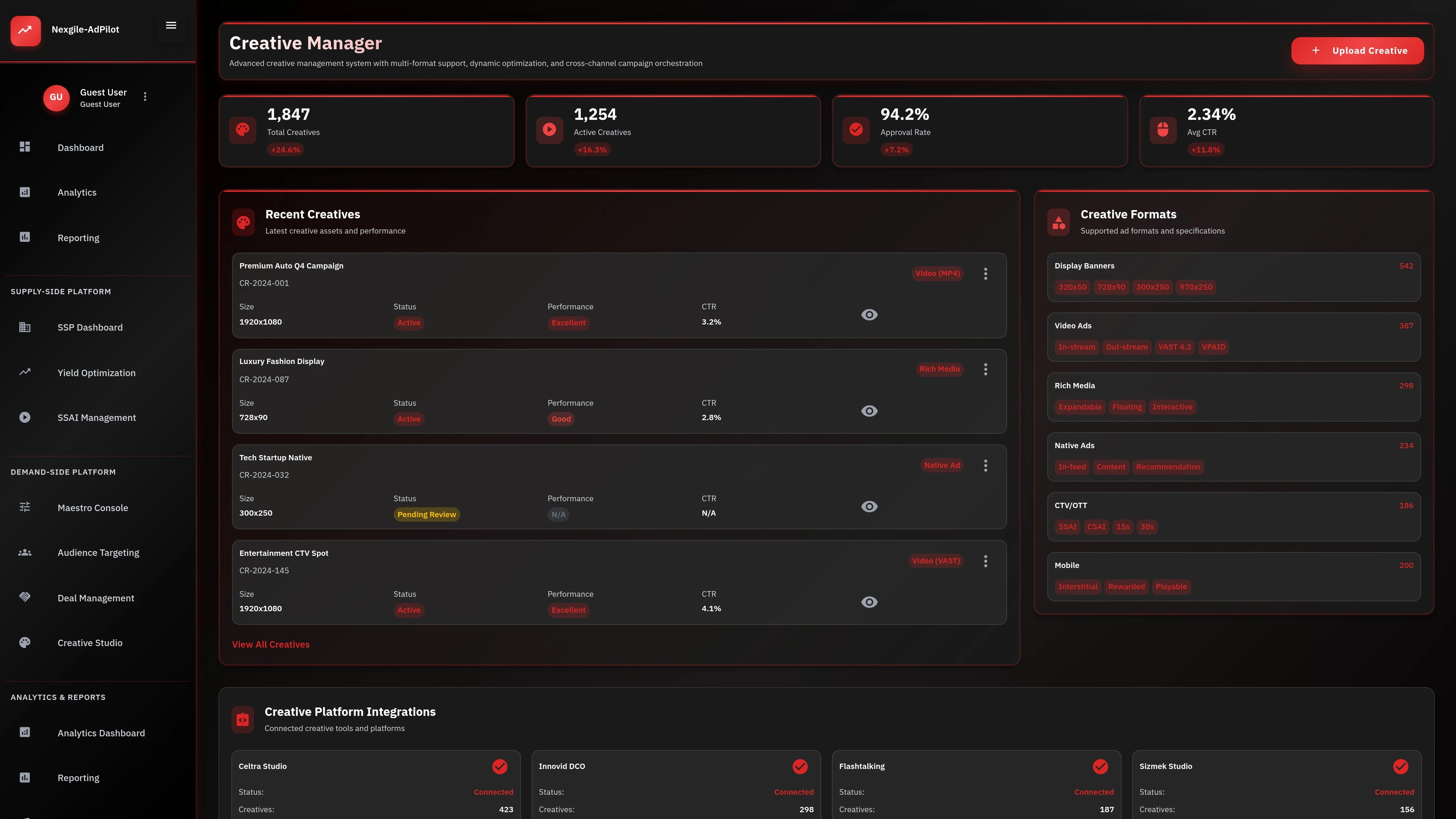 Illustrative preview (sample data, not verified outcomes): Nexgile-AdPilot Command Creative Dashboard
