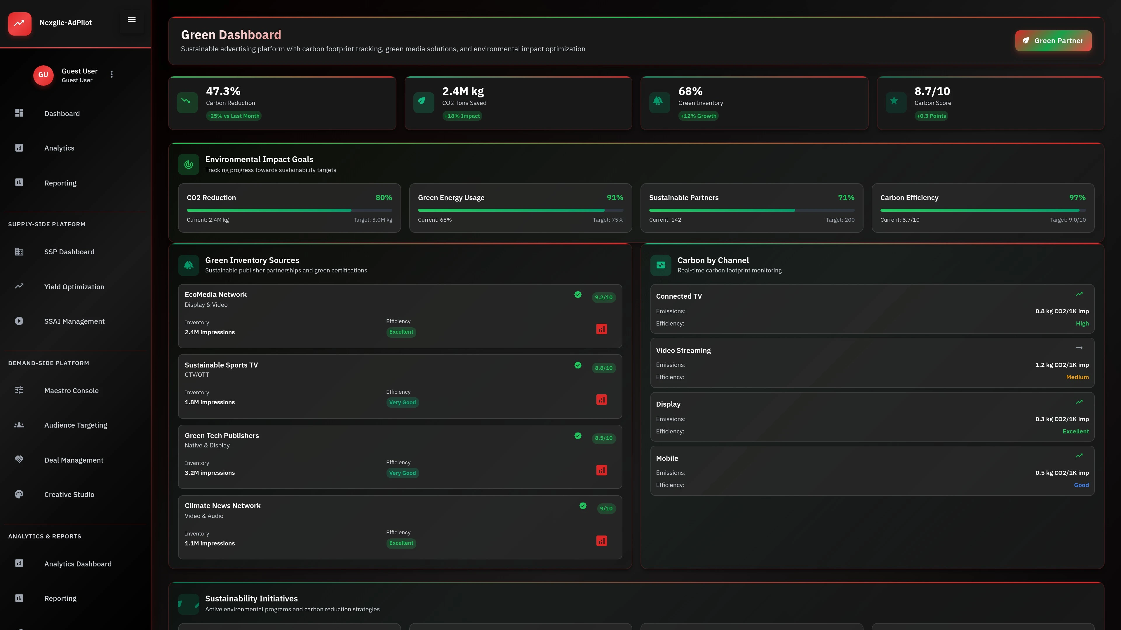 Illustrative preview (sample data, not verified outcomes): Nexgile-AdPilot Command Green Media Dashboard