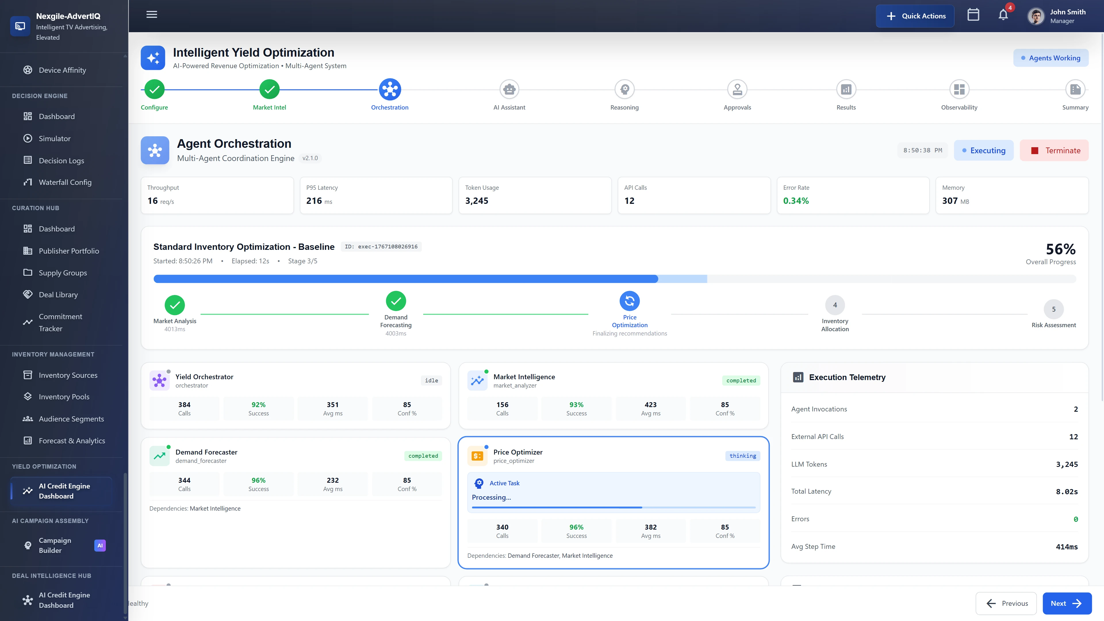 Illustrative preview (sample data, not verified outcomes): Agent Orchestration dashboard showing multi-agent coordination engine with real-time workflow stages (Market Analysis, Demand Forecasting, Price Optimization), individual agent status cards with success rates and latency metrics, and execution telemetry tracking API calls, LLM tokens, and errors.