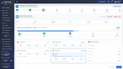 Illustrative preview (sample data, not verified outcomes): Agent Orchestration dashboard showing multi-agent coordination engine with real-time workflow stages (Market Analysis, Demand Forecasting, Price Optimization), individual agent status cards with success rates and latency metrics, and execution telemetry tracking API calls, LLM tokens, and errors.
