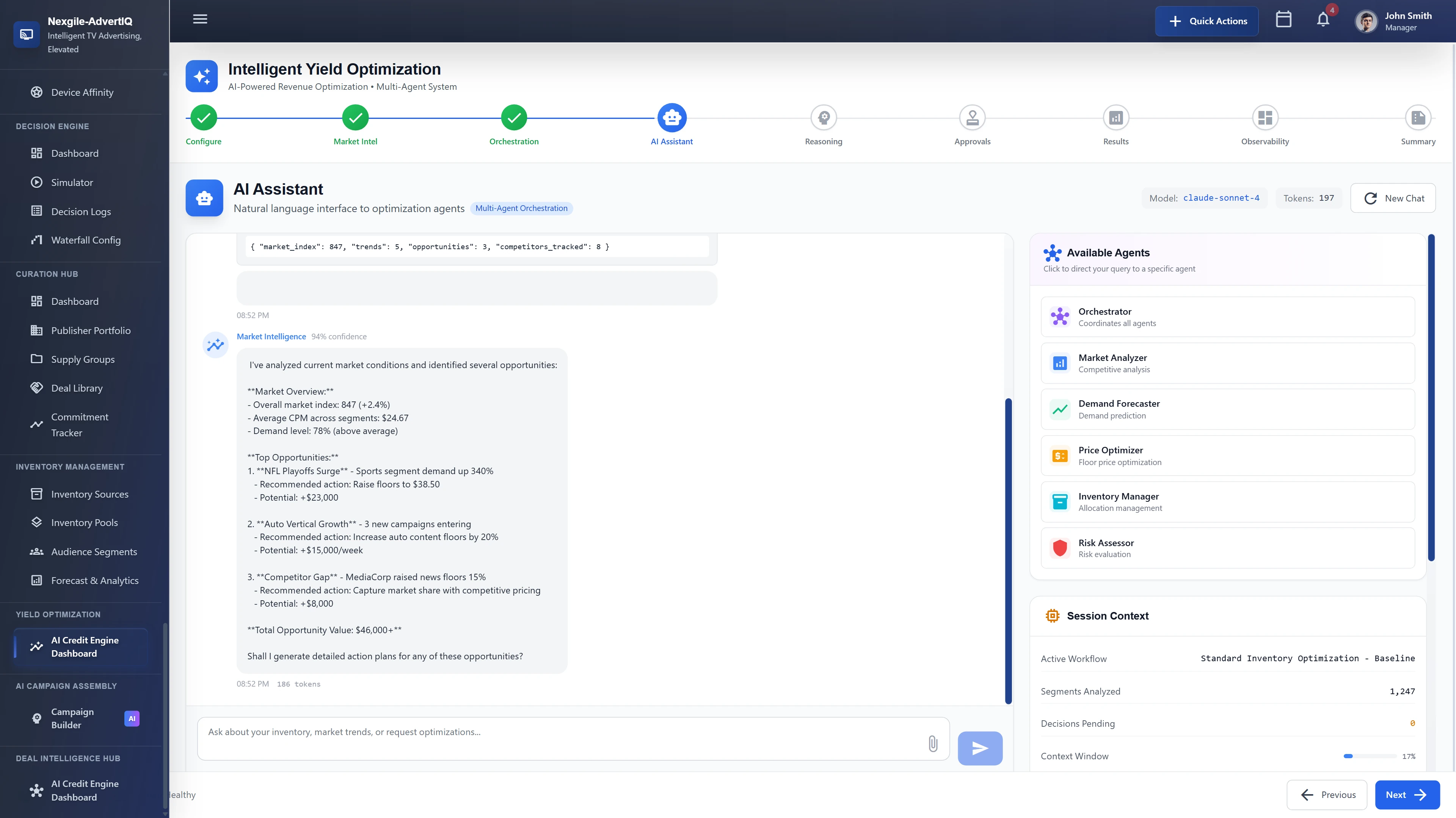 Illustrative preview (sample data, not verified outcomes): AI Assistant interface providing natural language interaction with optimization agents, displaying Market Intelligence analysis with identified opportunities (NFL Playoffs demand surge, Auto Vertical growth, Competitor Gap), recommended actions with revenue potential, and available agent selection panel.