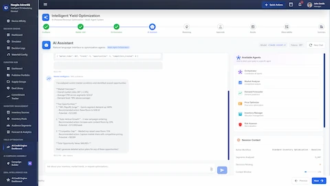 Illustrative preview (sample data, not verified outcomes): AI Assistant interface providing natural language interaction with optimization agents, displaying Market Intelligence analysis with identified opportunities (NFL Playoffs demand surge, Auto Vertical growth, Competitor Gap), recommended actions with revenue potential, and available agent selection panel.
