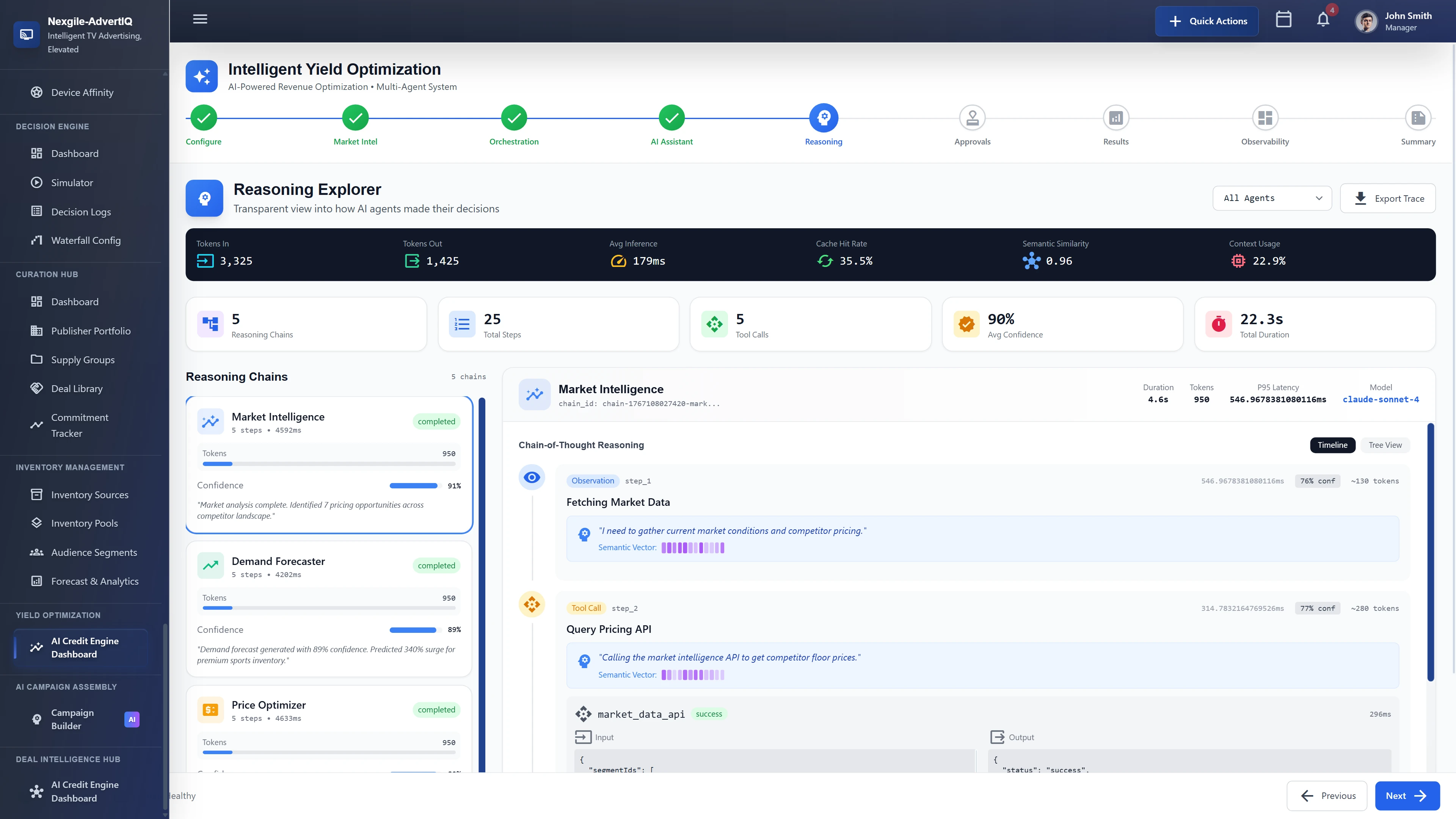 Illustrative preview (sample data, not verified outcomes): Reasoning Explorer providing transparent view into AI agent decision-making with chain-of-thought reasoning, showing completed reasoning chains for Market Intelligence, Demand Forecaster, and Price Optimizer agents with confidence scores, token usage, and detailed tool call execution traces.