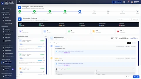 Illustrative preview (sample data, not verified outcomes): Reasoning Explorer providing transparent view into AI agent decision-making with chain-of-thought reasoning, showing completed reasoning chains for Market Intelligence, Demand Forecaster, and Price Optimizer agents with confidence scores, token usage, and detailed tool call execution traces.