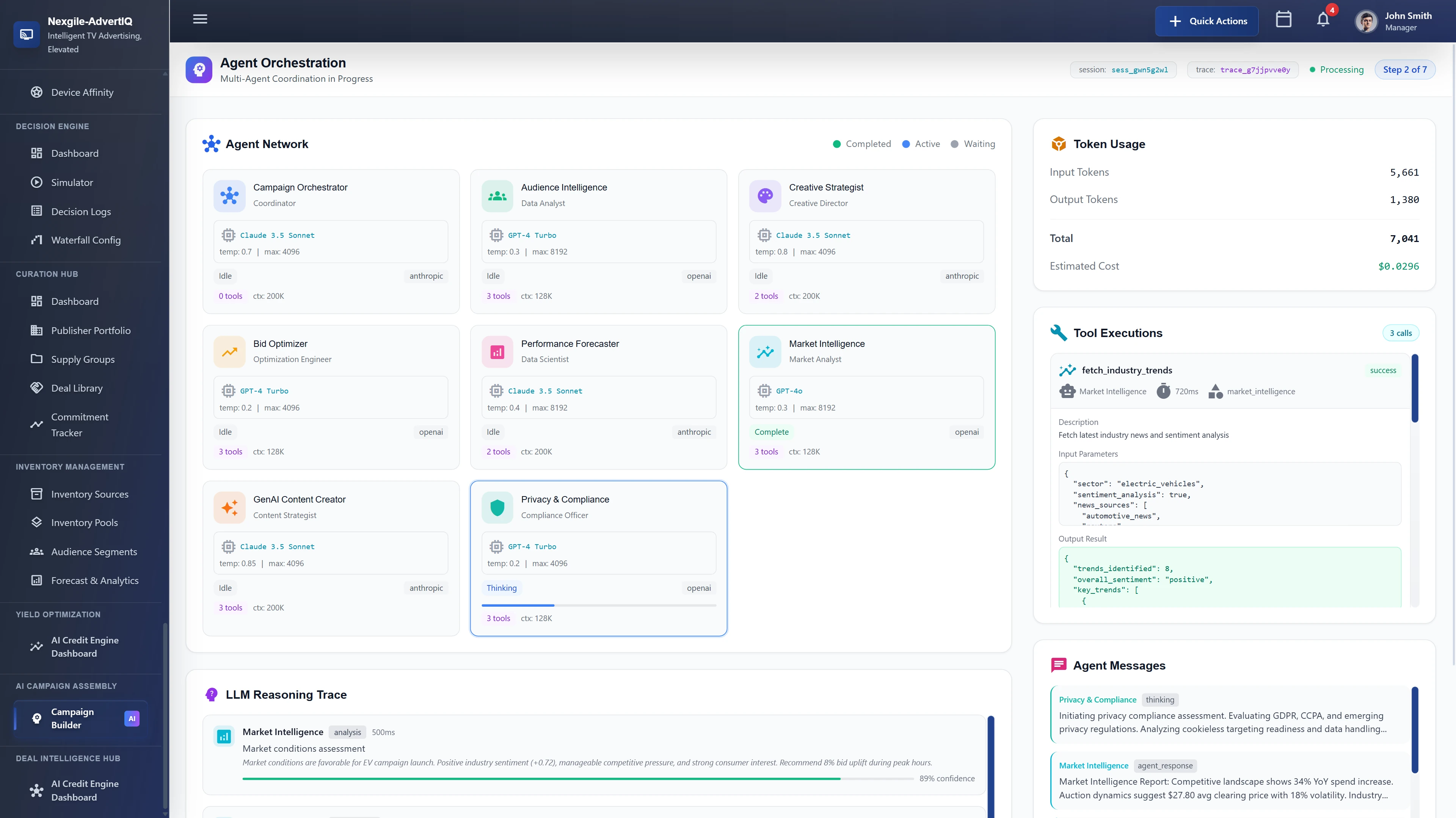 Illustrative preview (sample data, not verified outcomes): Agent Orchestration view displaying 8-agent network (Campaign Orchestrator, Audience Intelligence, Creative Strategist, Bid Optimizer, Performance Forecaster, Market Intelligence, GenAI Content Creator, Privacy & Compliance) with real-time status, token usage metrics, tool execution history, and LLM reasoning trace with agent messages.