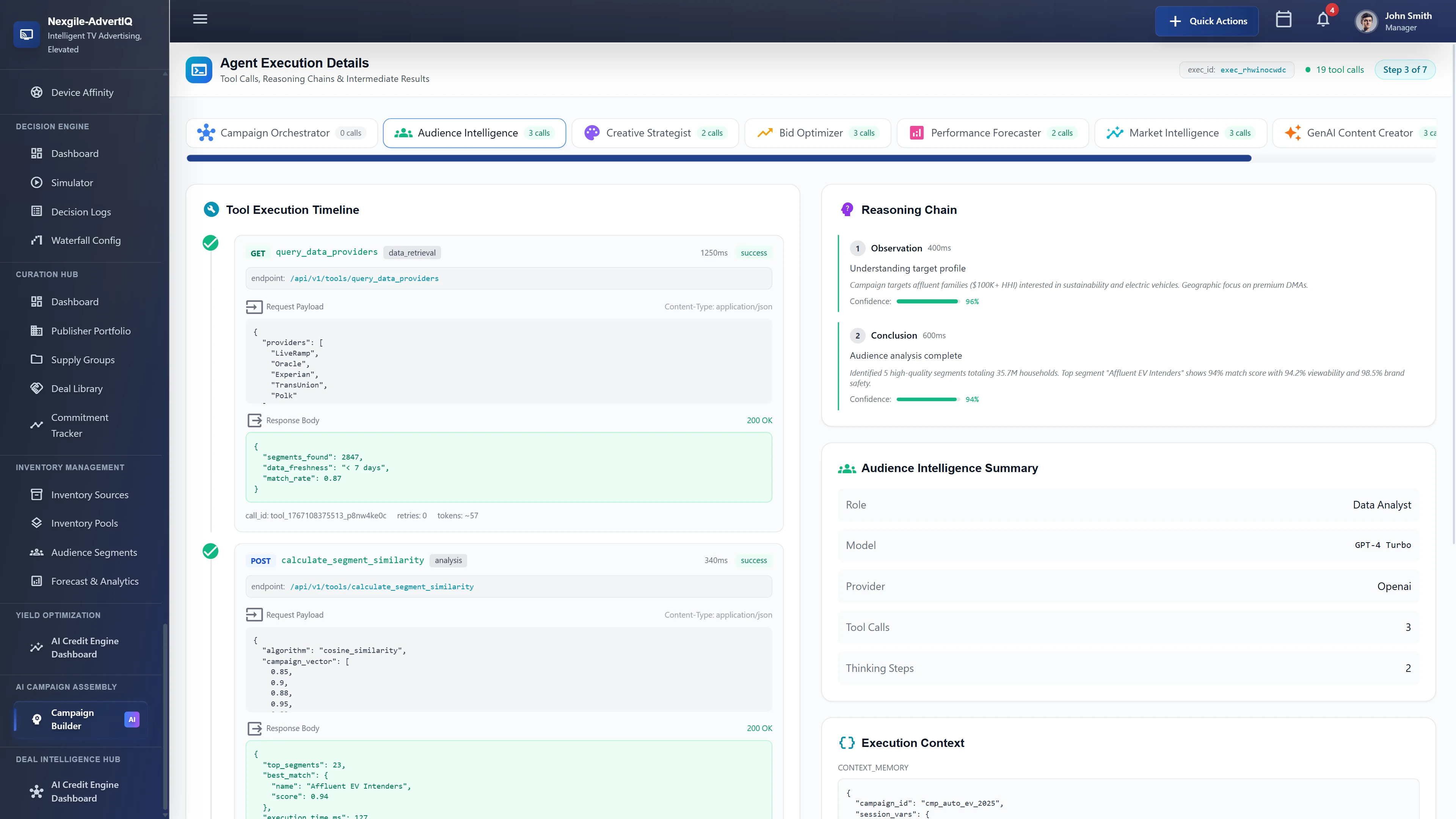 Illustrative preview (sample data, not verified outcomes): Agent Execution Details showing Tool Execution Timeline with API calls to data providers (LiveRamp, Oracle, Experian, TransUnion, Polk), segment similarity calculations using cosine similarity algorithm, Reasoning Chain with observation and conclusion steps, and Audience Intelligence agent summary with confidence scores.