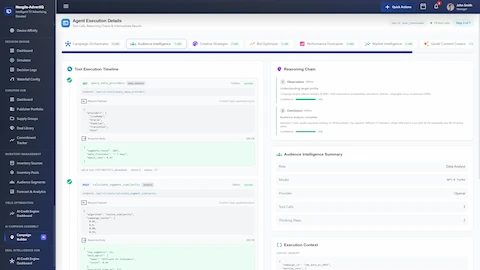 Illustrative preview (sample data, not verified outcomes): Agent Execution Details showing Tool Execution Timeline with API calls to data providers (LiveRamp, Oracle, Experian, TransUnion, Polk), segment similarity calculations using cosine similarity algorithm, Reasoning Chain with observation and conclusion steps, and Audience Intelligence agent summary with confidence scores.