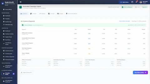 Illustrative preview (sample data, not verified outcomes): Generated Campaign Output displaying AI-assembled audience segments (Affluent EV Intenders, Sustainable Home Owners, Luxury Auto Shoppers, Tech Early Adopters, Green Lifestyle) with match rates, CTR, VCR, ROAS projections, budget allocation percentages, and quality metrics including viewability and brand safety scores.