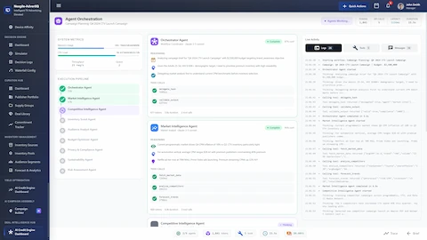 Illustrative preview (sample data, not verified outcomes): Agent Orchestration dashboard for Q4 2024 CTV Launch Campaign showing 9-agent execution pipeline with system metrics, live activity logs displaying real-time agent reasoning and tool calls, and detailed agent cards for Orchestrator and Market Intelligence agents with completion status and confidence scores.