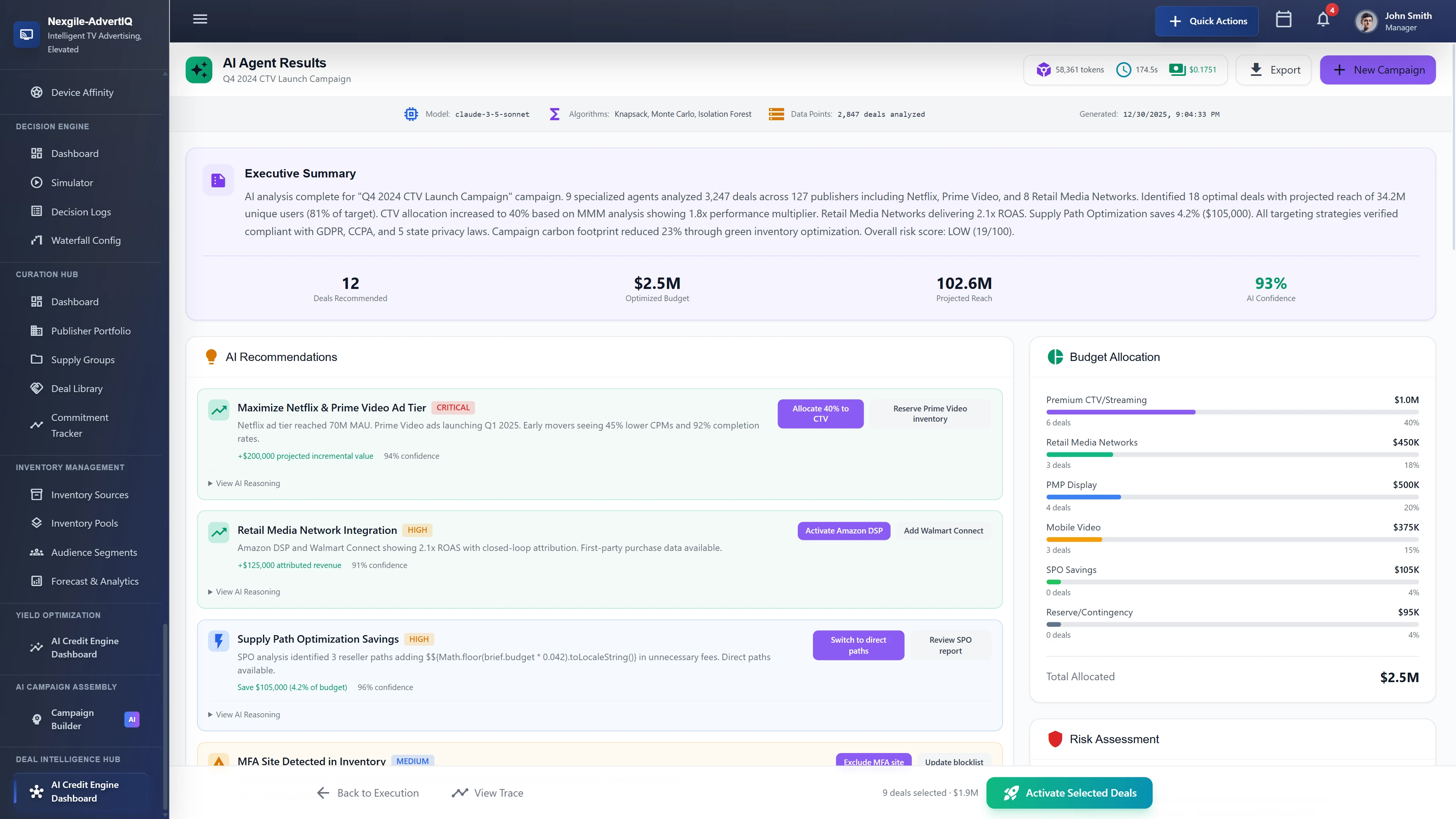 Illustrative preview (sample data, not verified outcomes): AI Agent Results presenting executive summary of campaign analysis across 127 publishers with 12 deals recommended, $2.5M optimized budget, 102.6M projected reach at 93% AI confidence, actionable recommendations for Netflix/Prime Video ad tiers, Retail Media Network integration, and Supply Path Optimization savings.