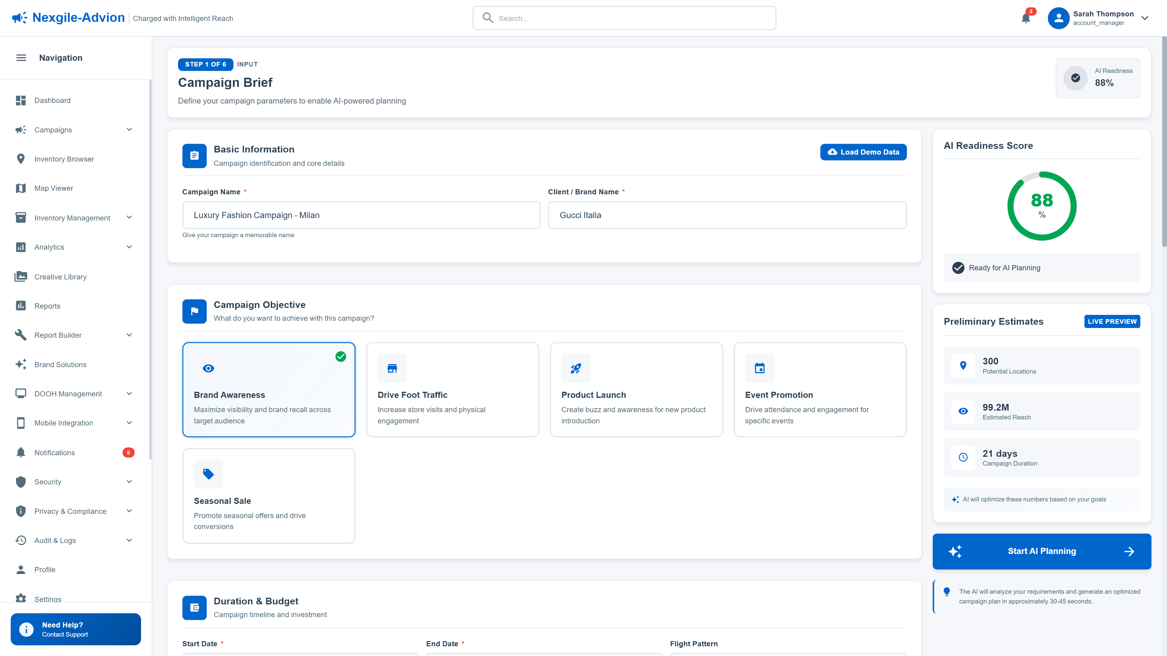 Illustrative preview (sample data, not verified outcomes): Campaign Brief input form with AI readiness score and preliminary estimates for intelligent campaign planning