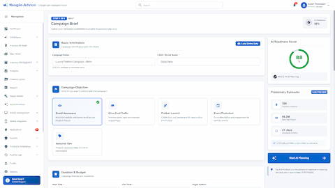 Illustrative preview (sample data, not verified outcomes): Campaign Brief input form with AI readiness score and preliminary estimates for intelligent campaign planning