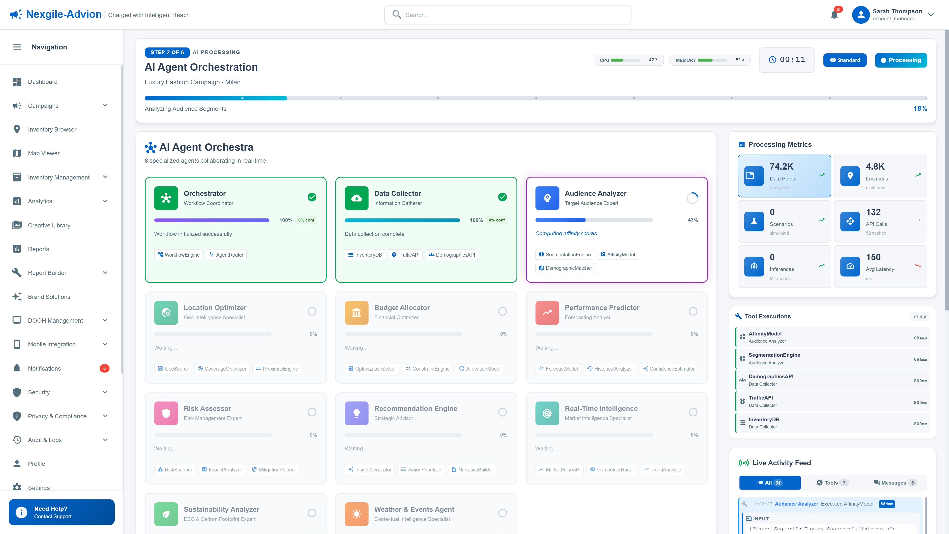 Illustrative preview (sample data, not verified outcomes): AI Agent Orchestration showing 11 specialized agents collaborating in real-time with live processing metrics
