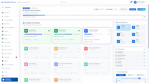 Illustrative preview (sample data, not verified outcomes): AI Agent Orchestration showing 11 specialized agents collaborating in real-time with live processing metrics