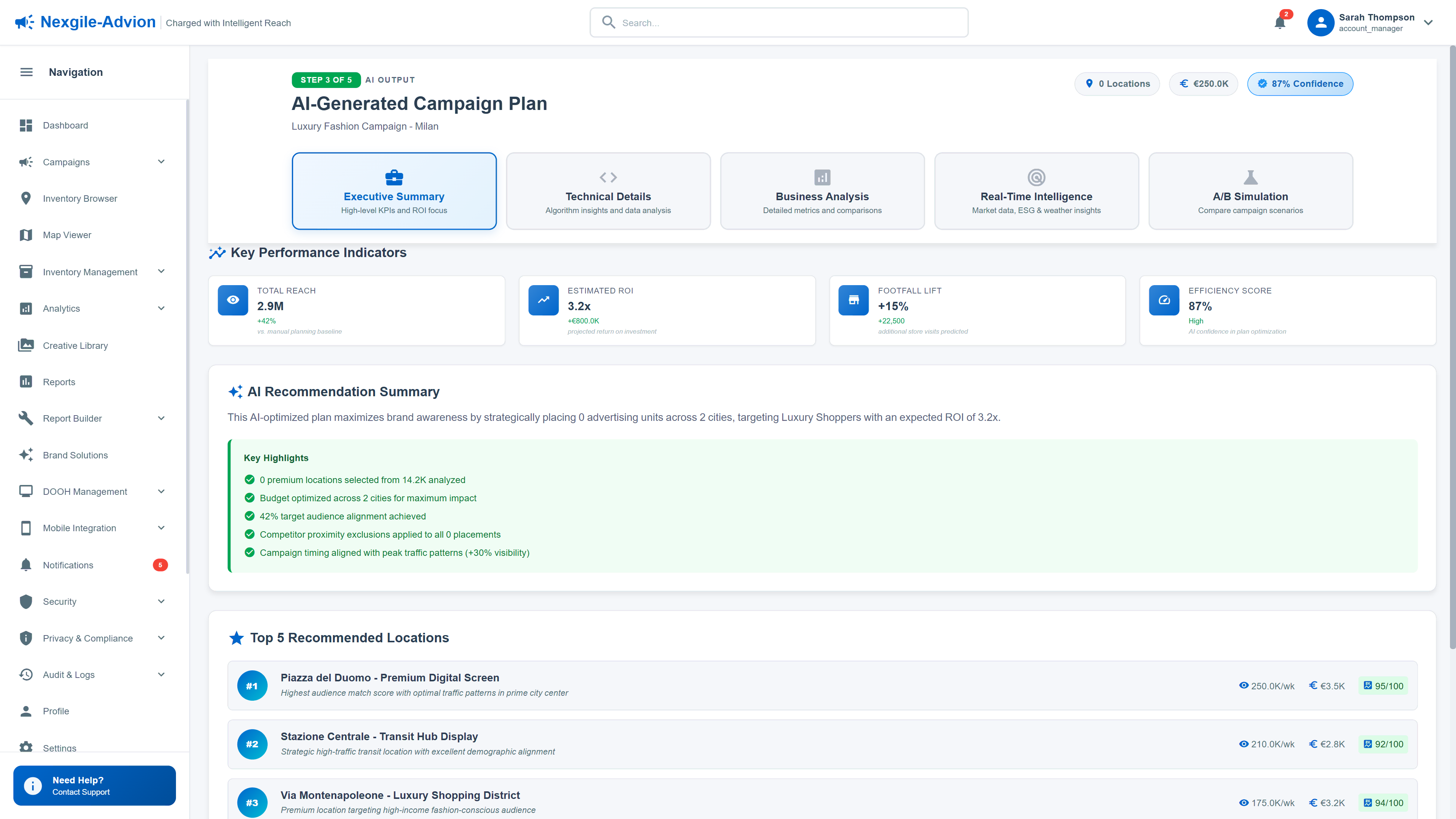 Illustrative preview (sample data, not verified outcomes): AI-Generated Campaign Plan with key performance indicators, recommendations, and top location selections