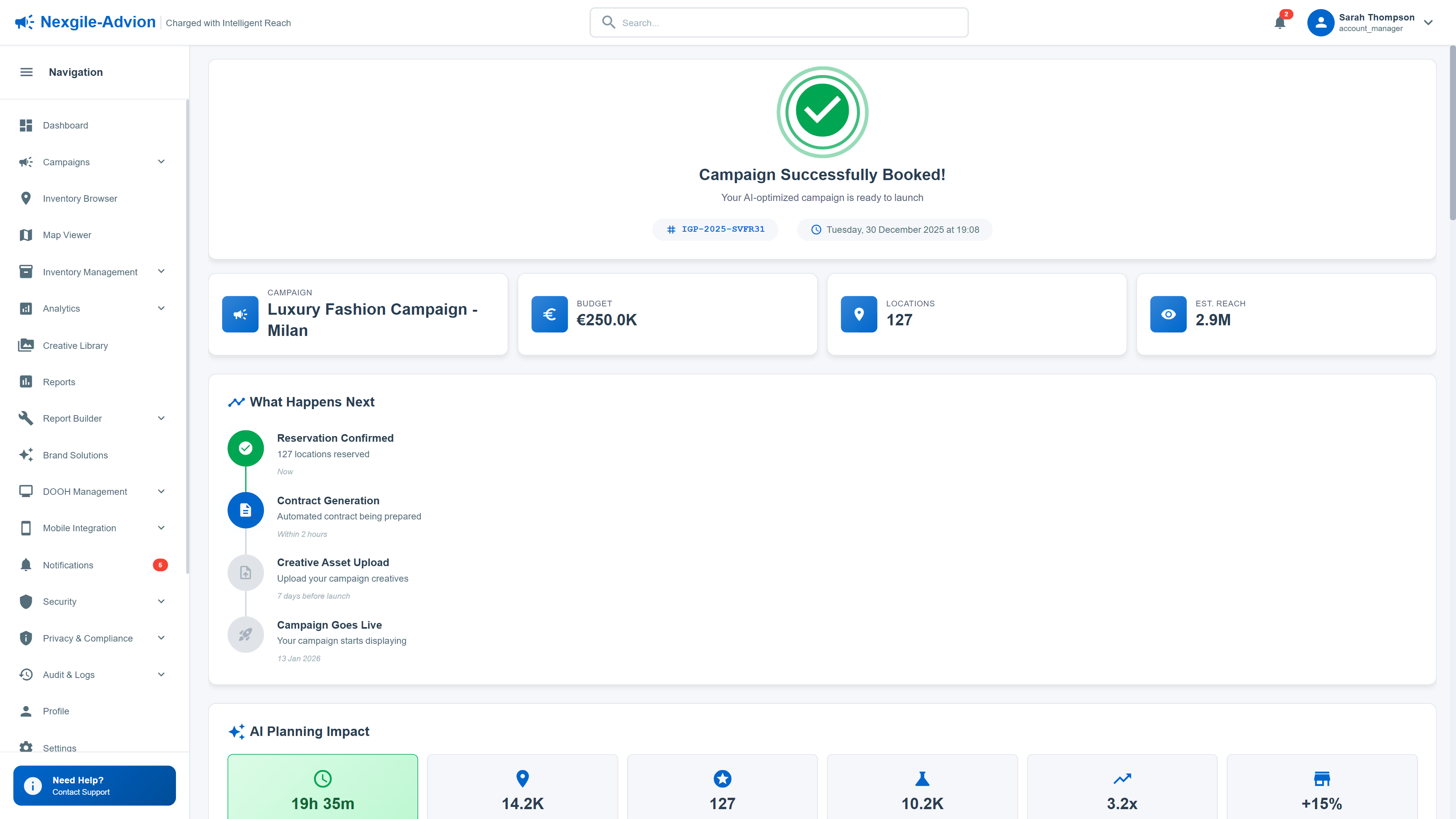 Illustrative preview (sample data, not verified outcomes): Campaign Successfully Booked confirmation with AI planning impact metrics showing time saved and ROI improvements