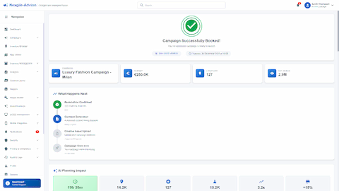 Illustrative preview (sample data, not verified outcomes): Campaign Successfully Booked confirmation with AI planning impact metrics showing time saved and ROI improvements