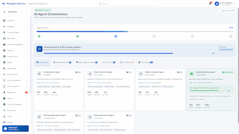 Illustrative preview (sample data, not verified outcomes): AI Agent Orchestration with 6 specialized agents performing causal inference and root cause analysis on campaign data