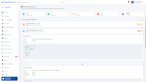 Illustrative preview (sample data, not verified outcomes): Tool Calling & Execution interface showing complete input/output traceability with detailed agent audit trail