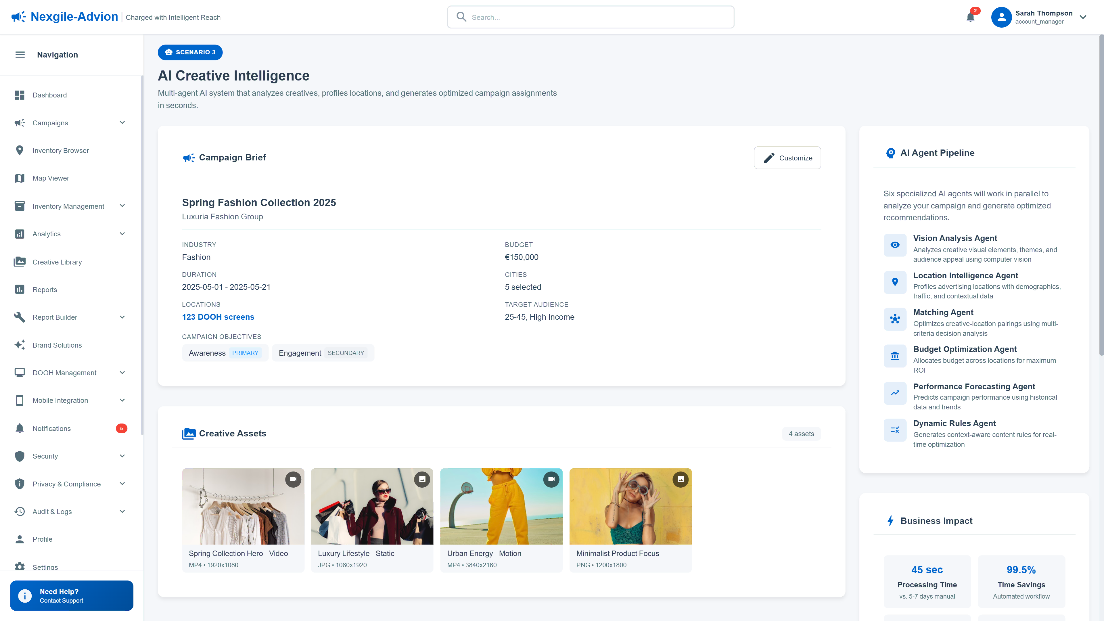 Illustrative preview (sample data, not verified outcomes): AI Creative Intelligence input screen with campaign brief, creative assets, and agent pipeline for automated creative-location matching