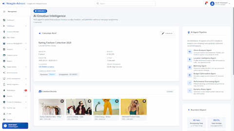 Illustrative preview (sample data, not verified outcomes): AI Creative Intelligence input screen with campaign brief, creative assets, and agent pipeline for automated creative-location matching
