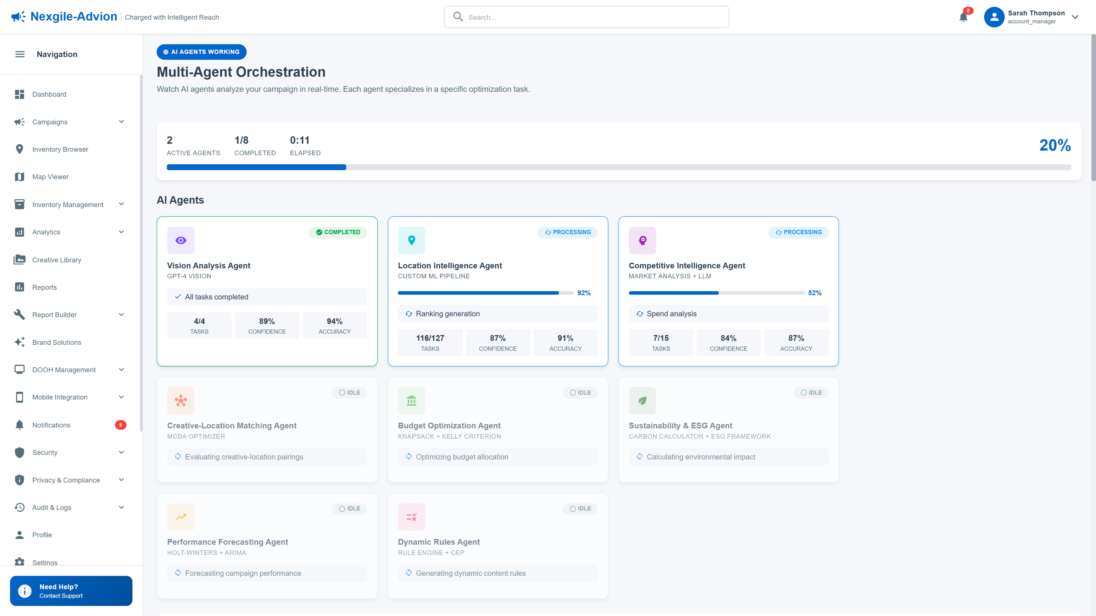 Illustrative preview (sample data, not verified outcomes): Multi-Agent Orchestration showing 8 specialized agents analyzing creatives, profiling locations, and evaluating optimal matches