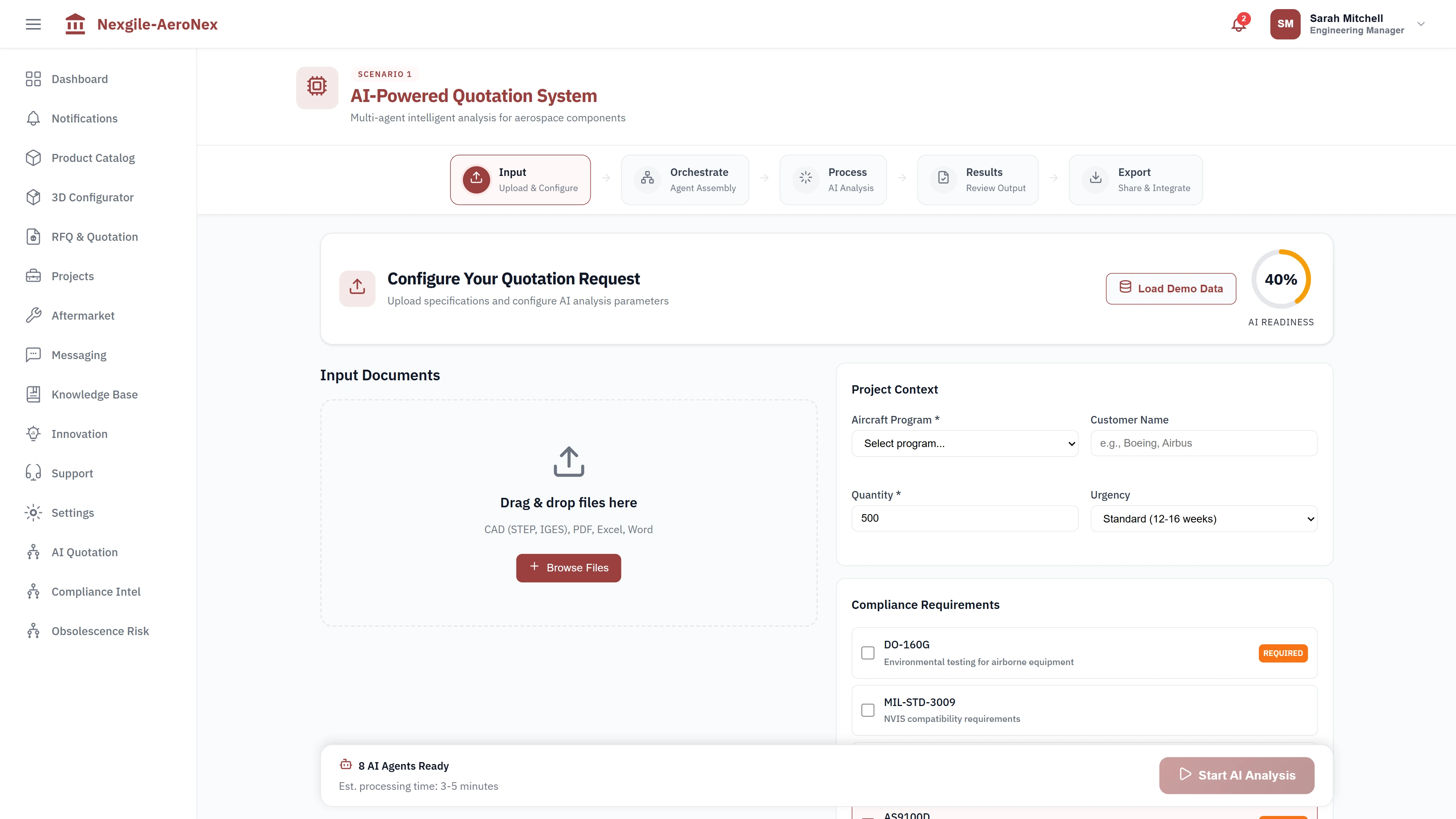 Illustrative preview (sample data, not verified outcomes): Input Hub - Upload CAD files, PDFs, and specifications for quotation analysis