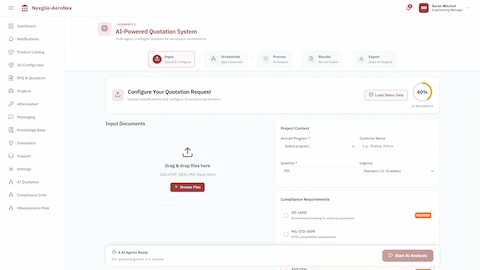 Illustrative preview (sample data, not verified outcomes): Input Hub - Upload CAD files, PDFs, and specifications for quotation analysis