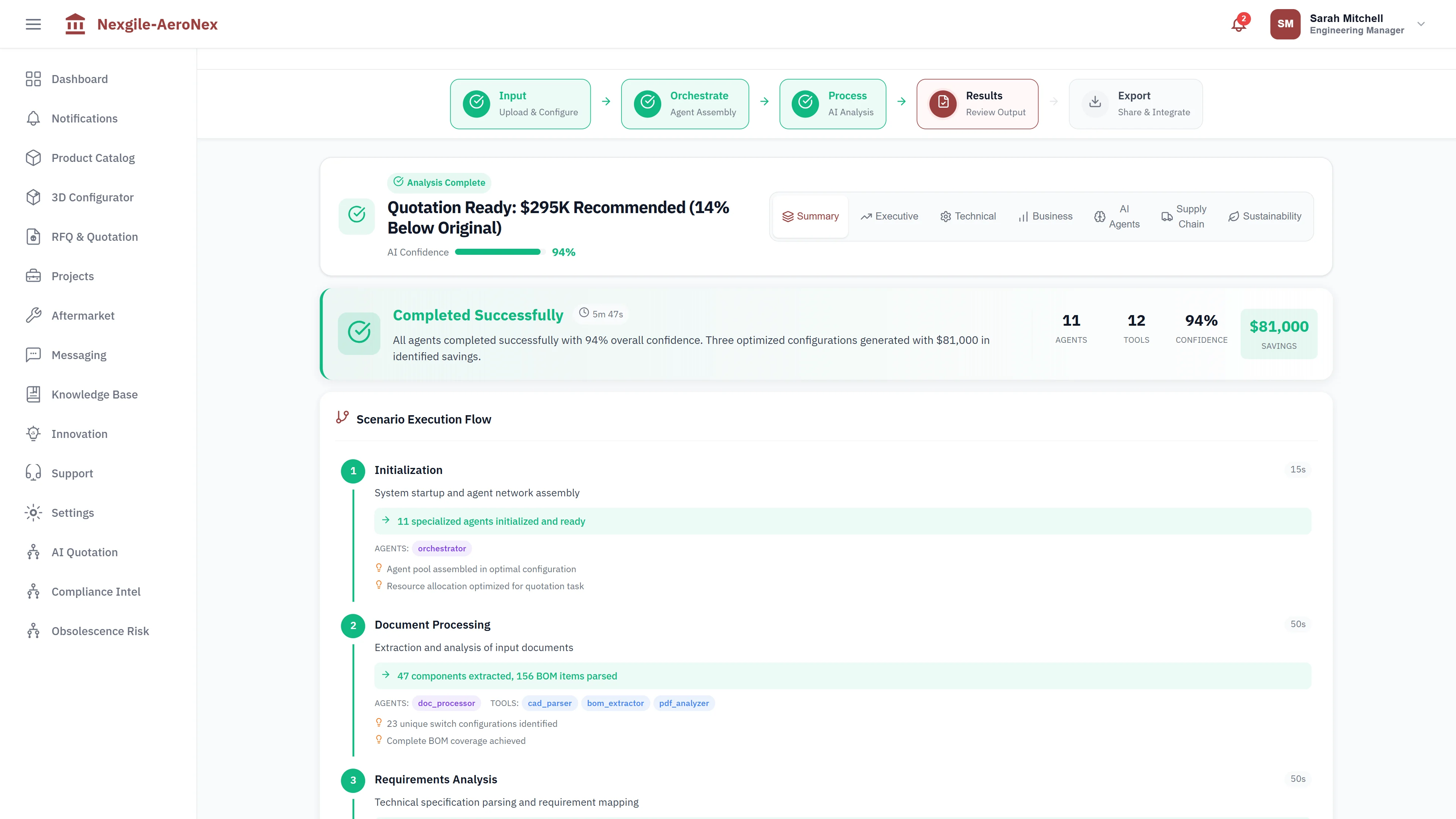 Illustrative preview (sample data, not verified outcomes): Results Dashboard - Comprehensive quotation with itemized cost breakdowns and alternatives