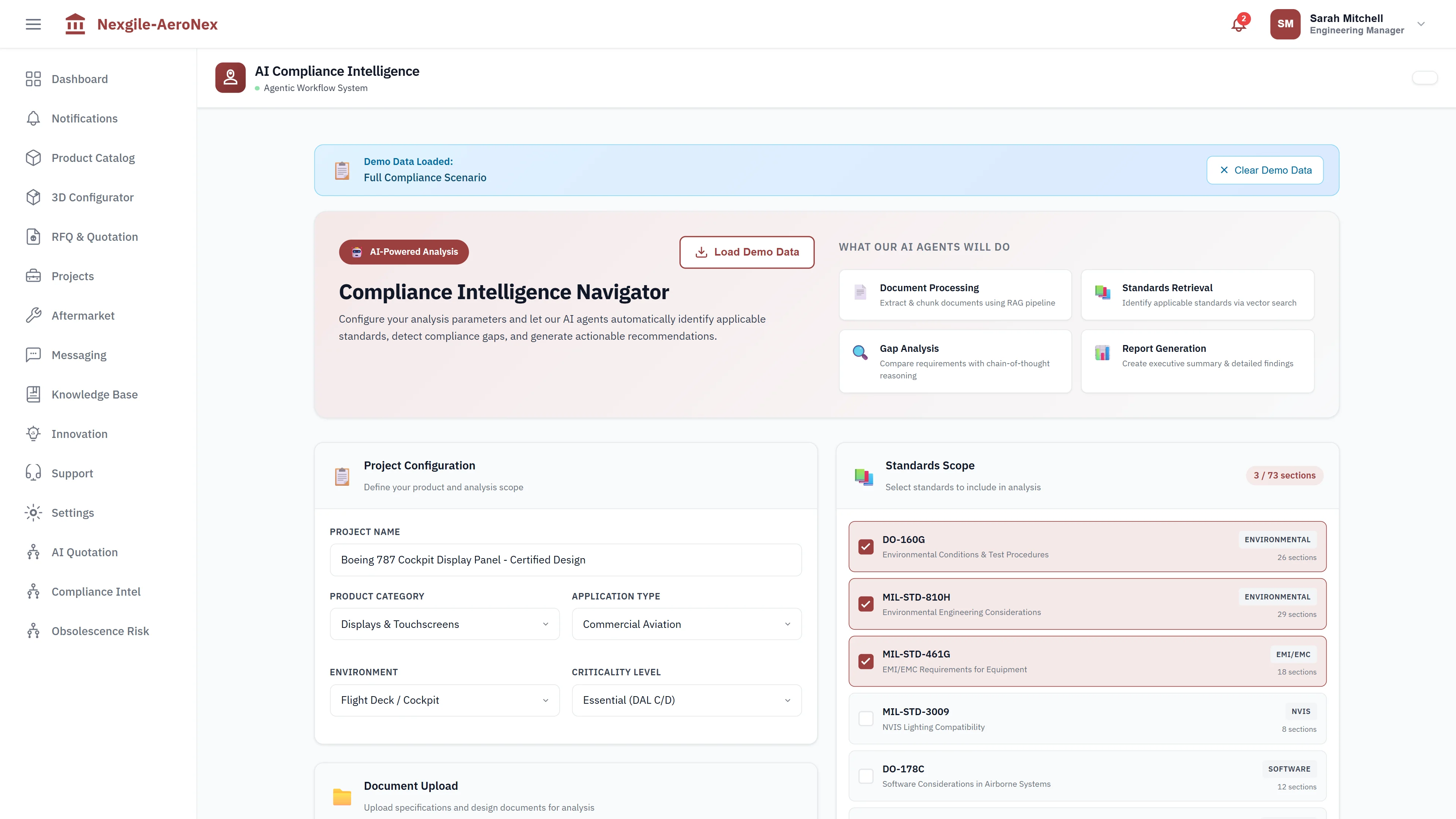Illustrative preview (sample data, not verified outcomes): Configuration - Upload specifications and select regulatory standards for analysis