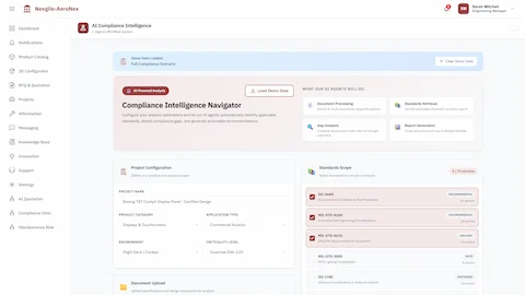 Illustrative preview (sample data, not verified outcomes): Configuration - Upload specifications and select regulatory standards for analysis