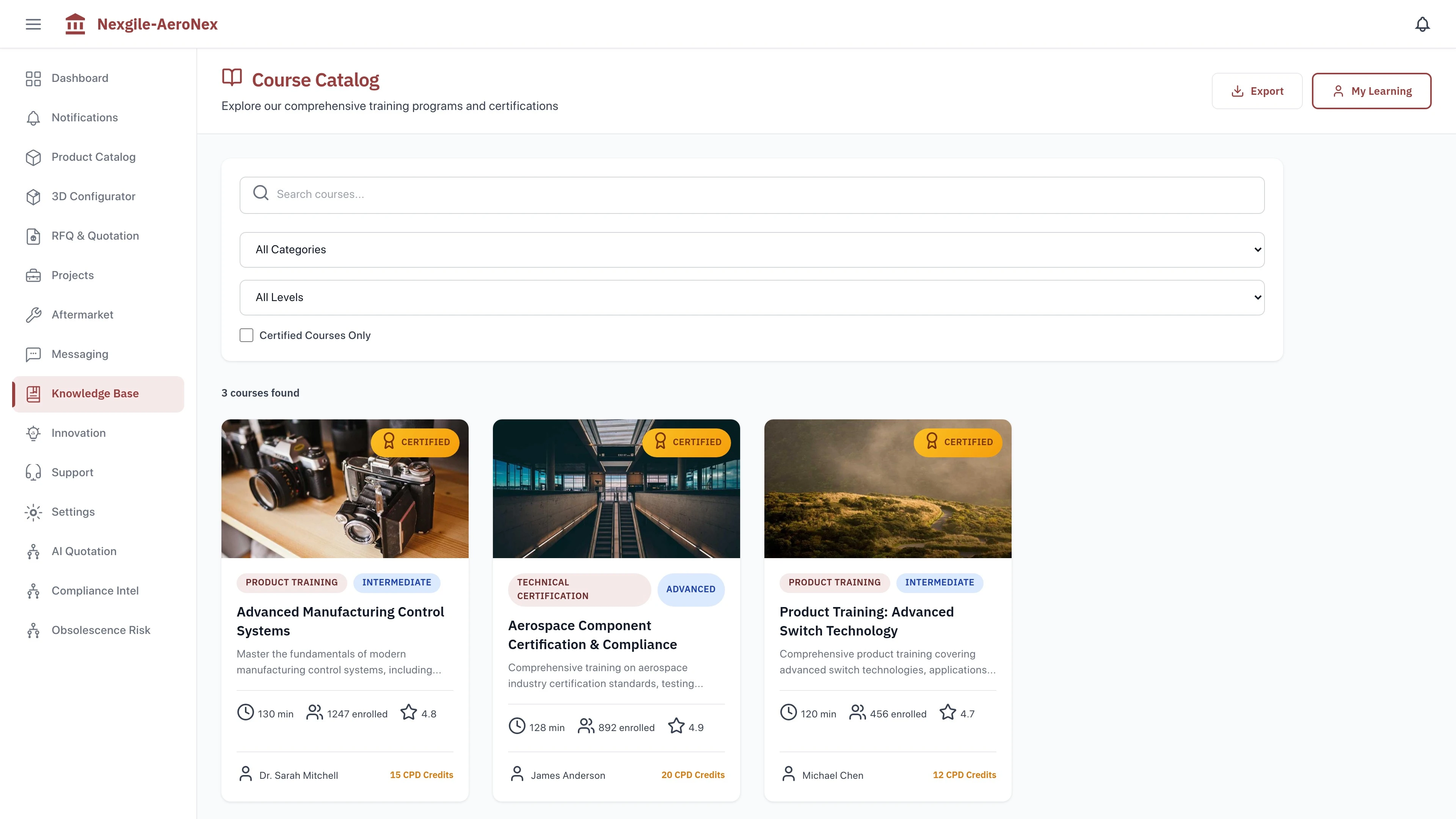 Illustrative preview (sample data, not verified outcomes): Knowledge Base - Courses Page