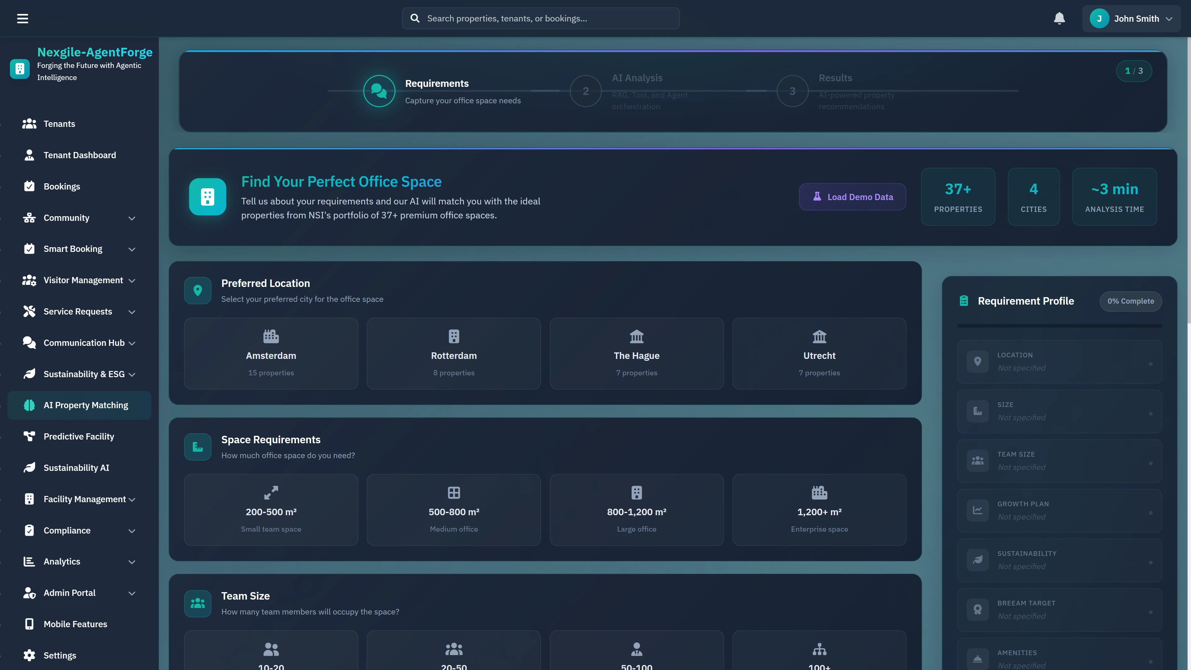 Illustrative preview (sample data, not verified outcomes): Requirements Collection - AI-powered property search interface where tenants specify location preferences, space requirements, and team size through guided selections.